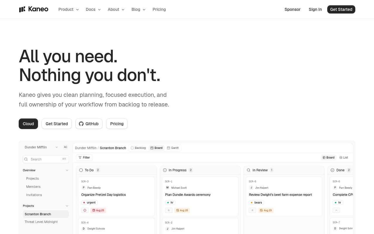 Screenshot of kaneo (kaneo.app)