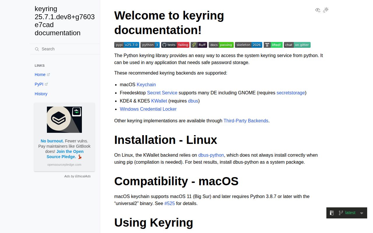 Screenshot of keyring documentation