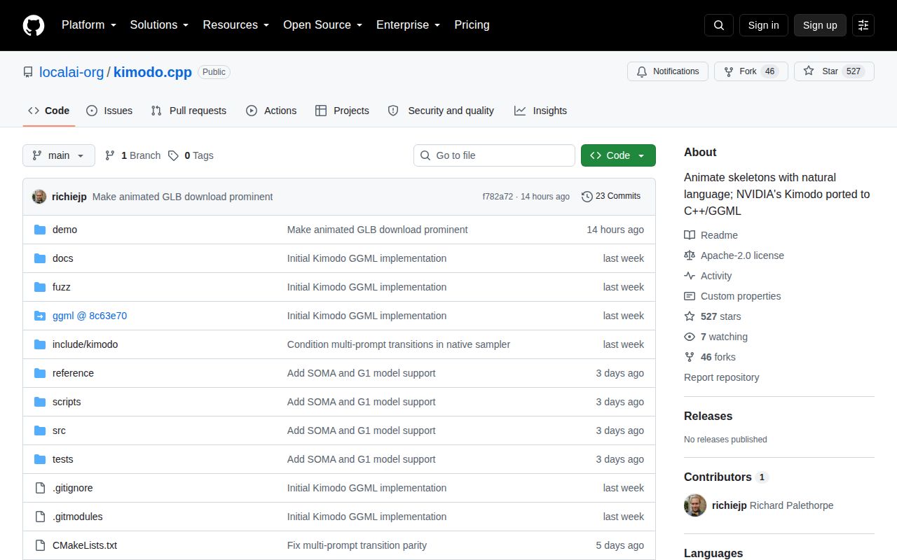 Screenshot of kimodo.cpp (github.com/localai-org/kimodo.cpp)