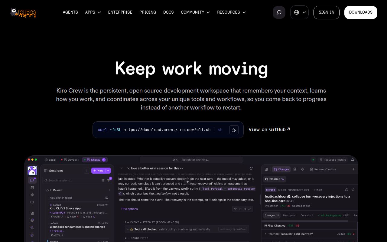 Screenshot of KiroCrew (kiro.dev/crew)