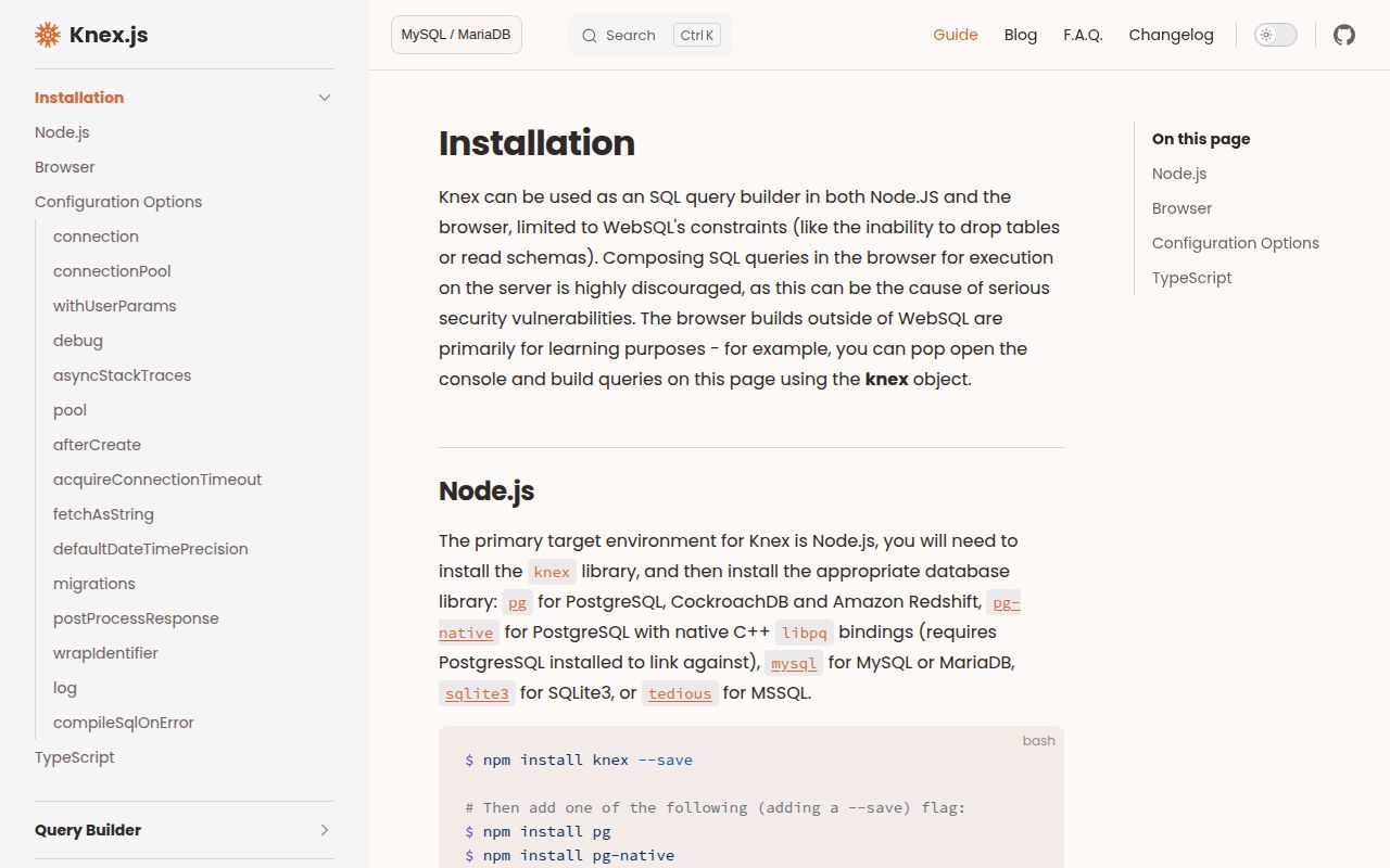 Screenshot of knex documentation