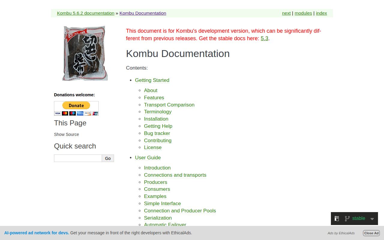 Screenshot of kombu documentation