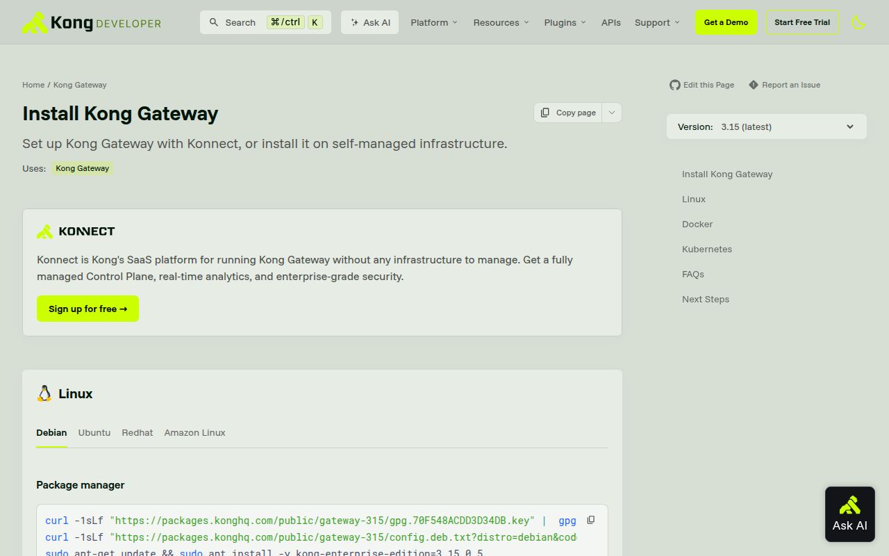 Screenshot of kong (konghq.com/install)