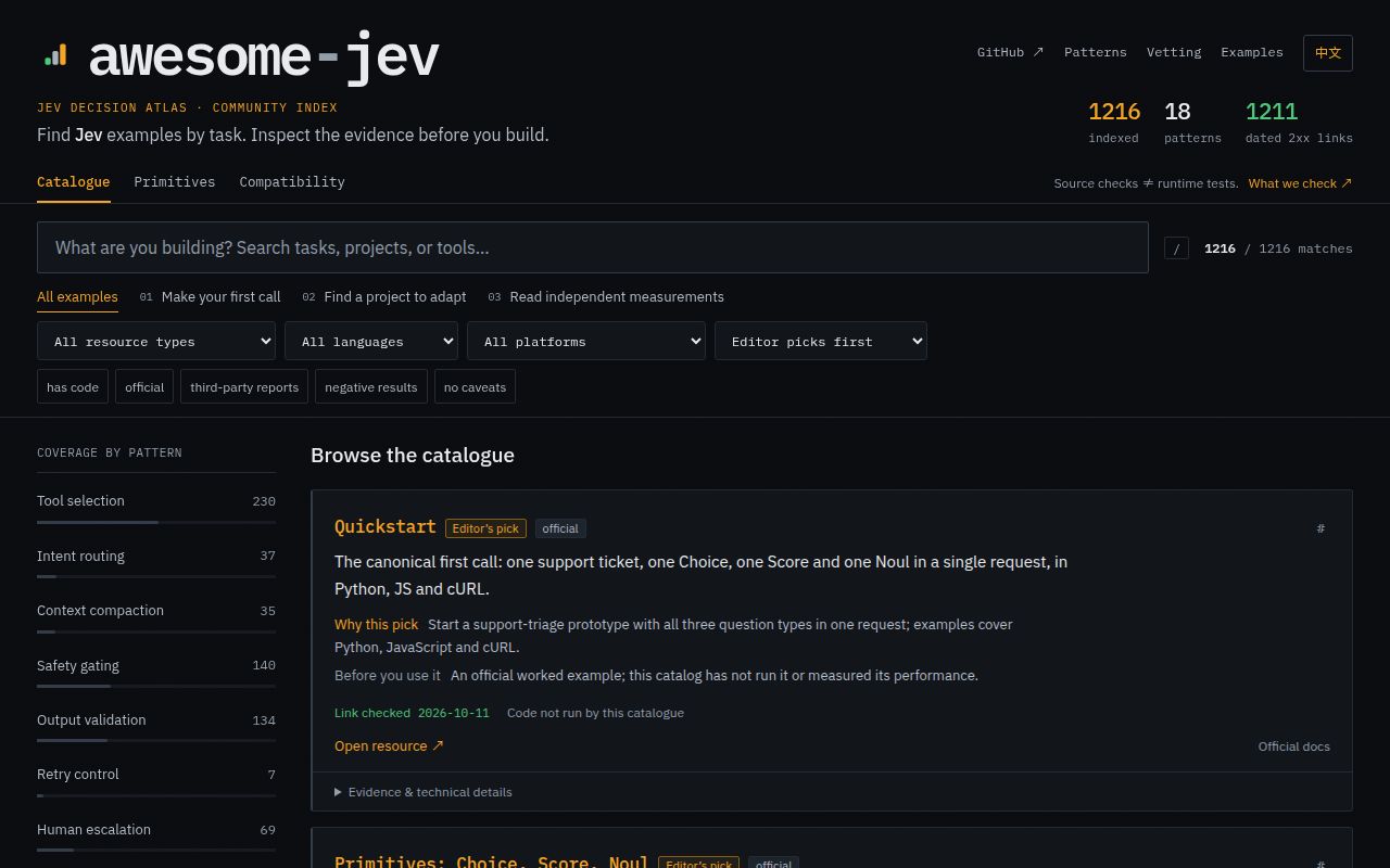 Screenshot of awesome-jev (kydlikebtc.github.io/awesome-jev)