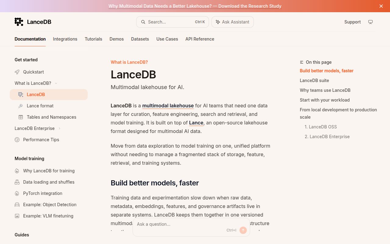 Screenshot of lancedb (lancedb.com/docs)
