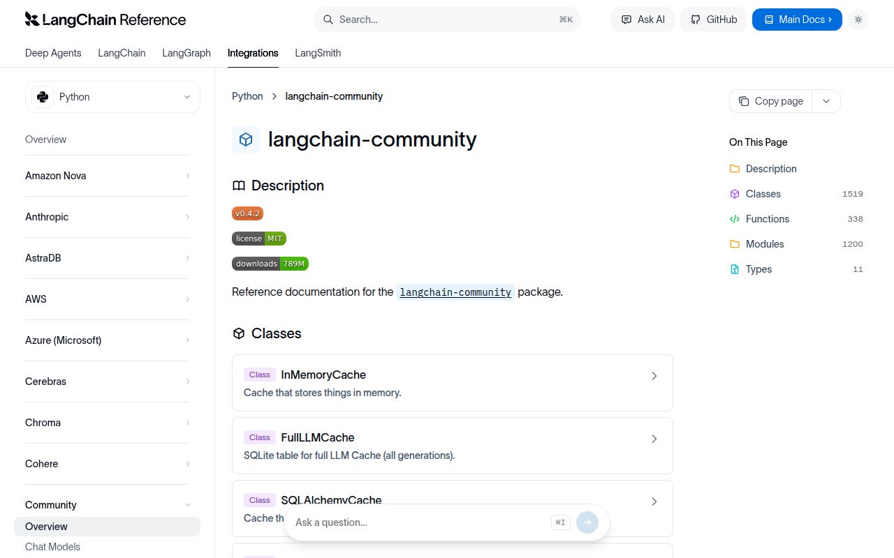 Screenshot of langchain-community documentation
