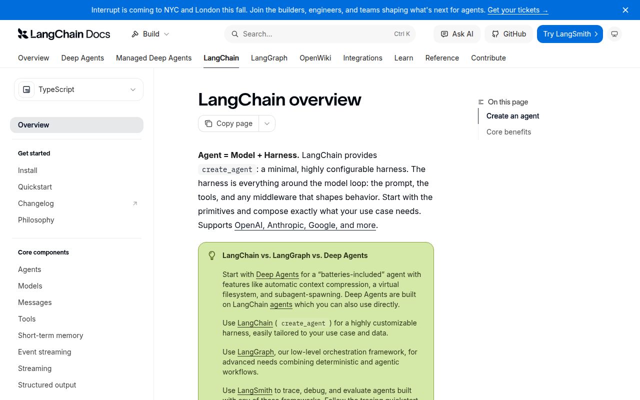 Screenshot of @langchain/core documentation