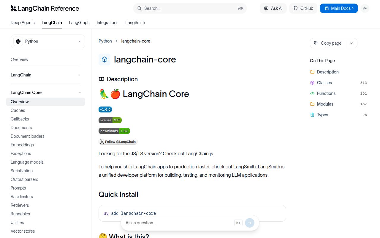 Screenshot of langchain-core documentation