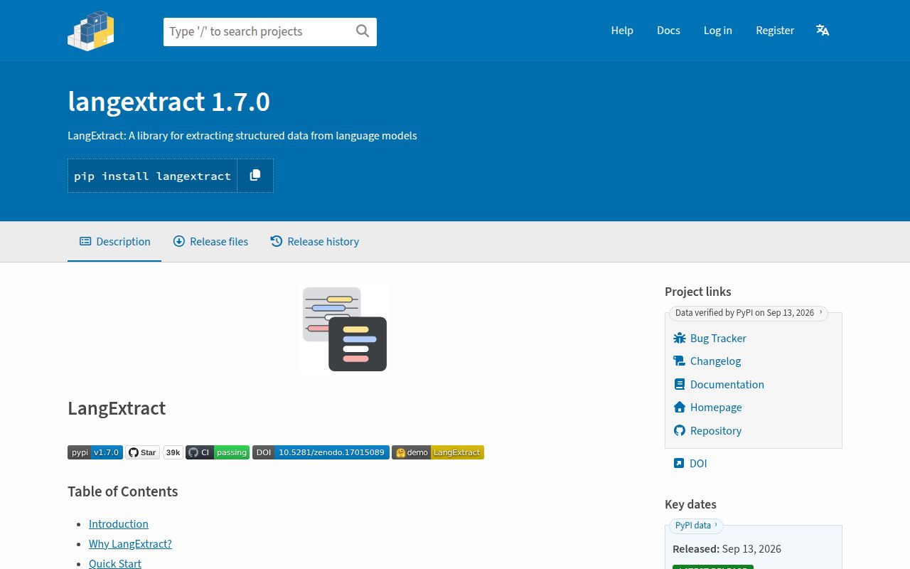 Screenshot of langextract (pypi.org/project/langextract)
