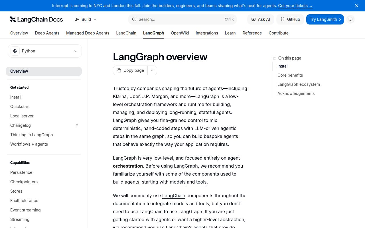 Screenshot of langgraph (docs.langchain.com/oss/python/langgraph)