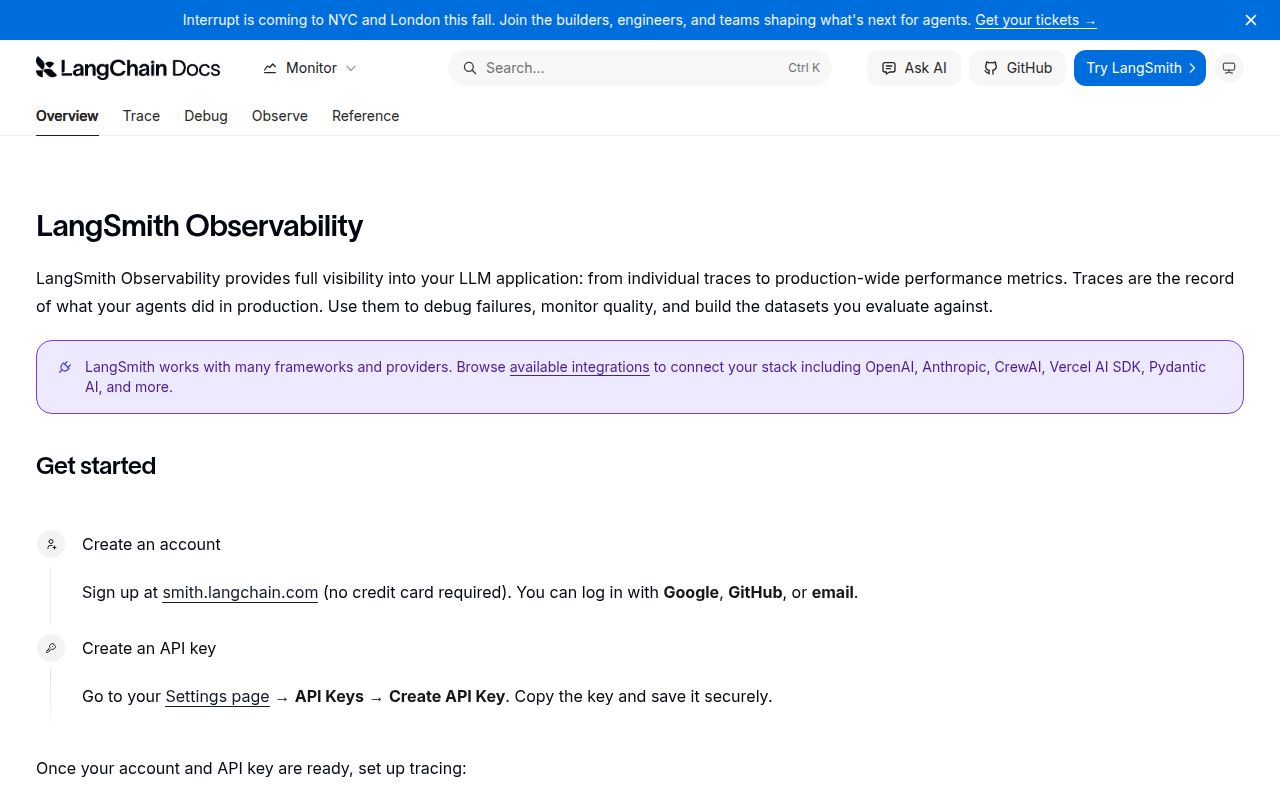 Screenshot of langsmith documentation