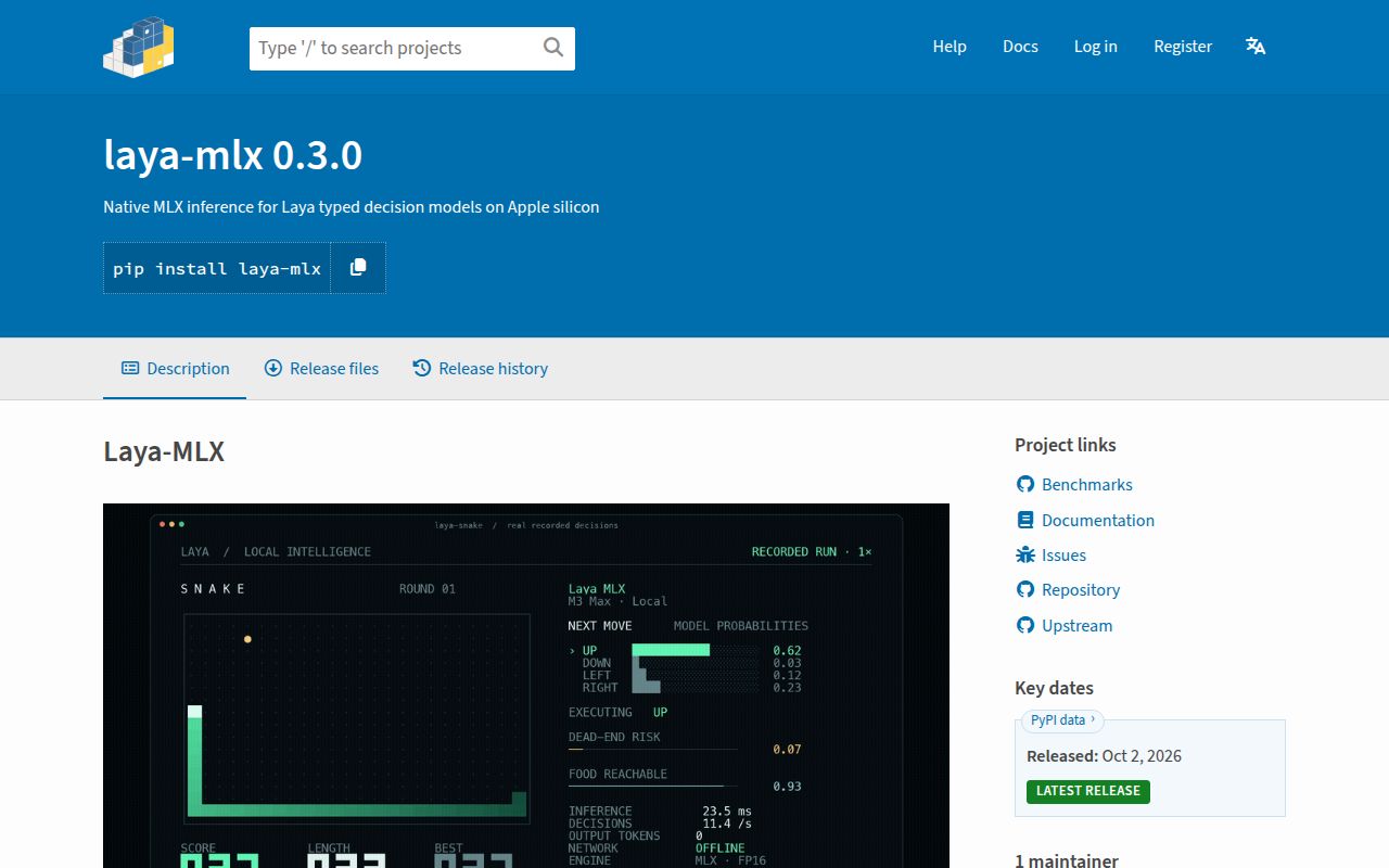 Screenshot of laya-mlx (pypi.org/project/laya-mlx)