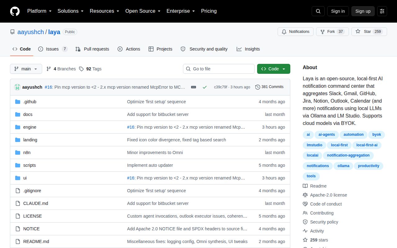 Screenshot of laya (github.com/aayushch/laya)