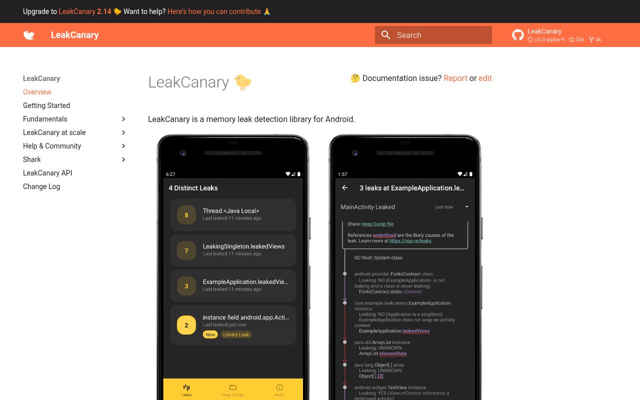 Screenshot of leakcanary (square.github.io/leakcanary)