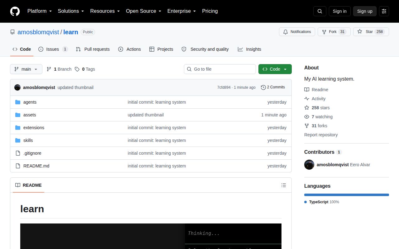 Screenshot of learn (github.com/amosblomqvist/learn)