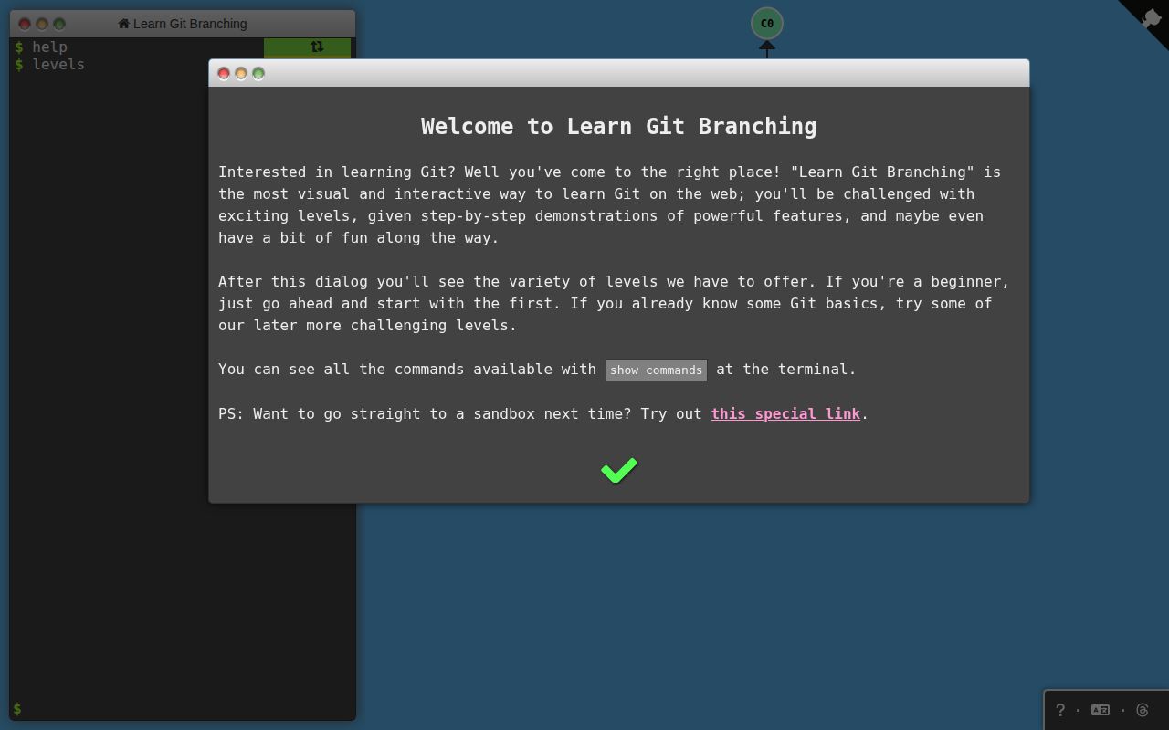Screenshot of learnGitBranching (pcottle.github.io/learnGitBranching)
