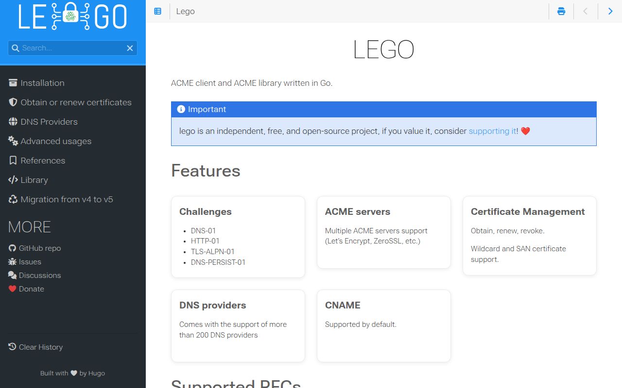Screenshot of lego (go-acme.github.io/lego)