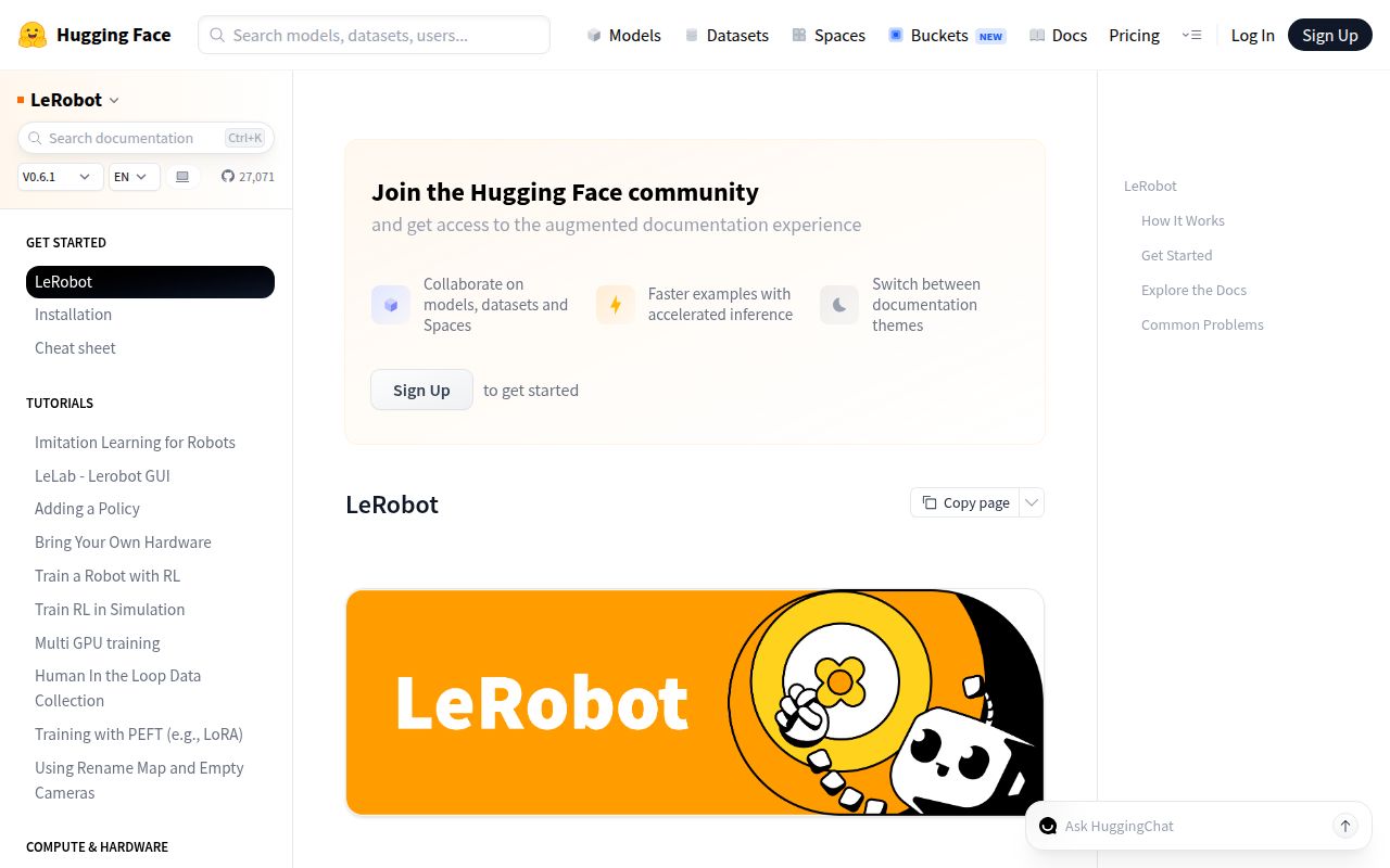 Screenshot of lerobot (huggingface.co/docs/lerobot)