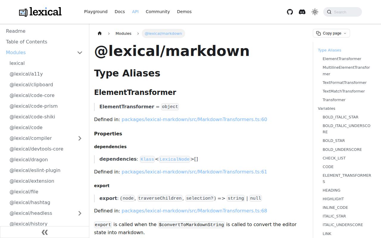 Screenshot of @lexical/markdown documentation