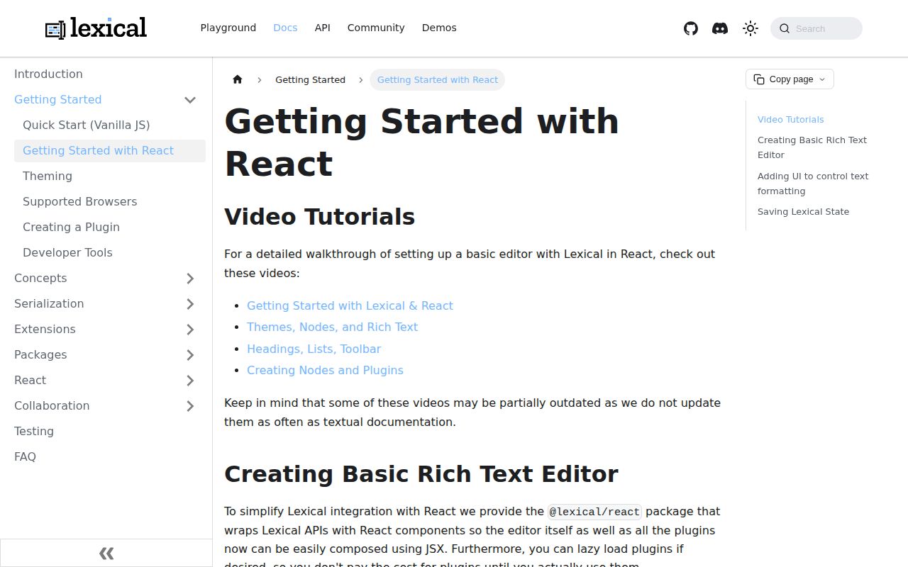 Screenshot of @lexical/react documentation