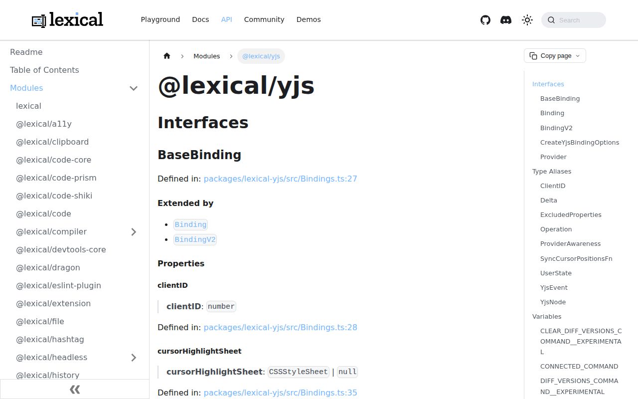 Screenshot of @lexical/yjs documentation