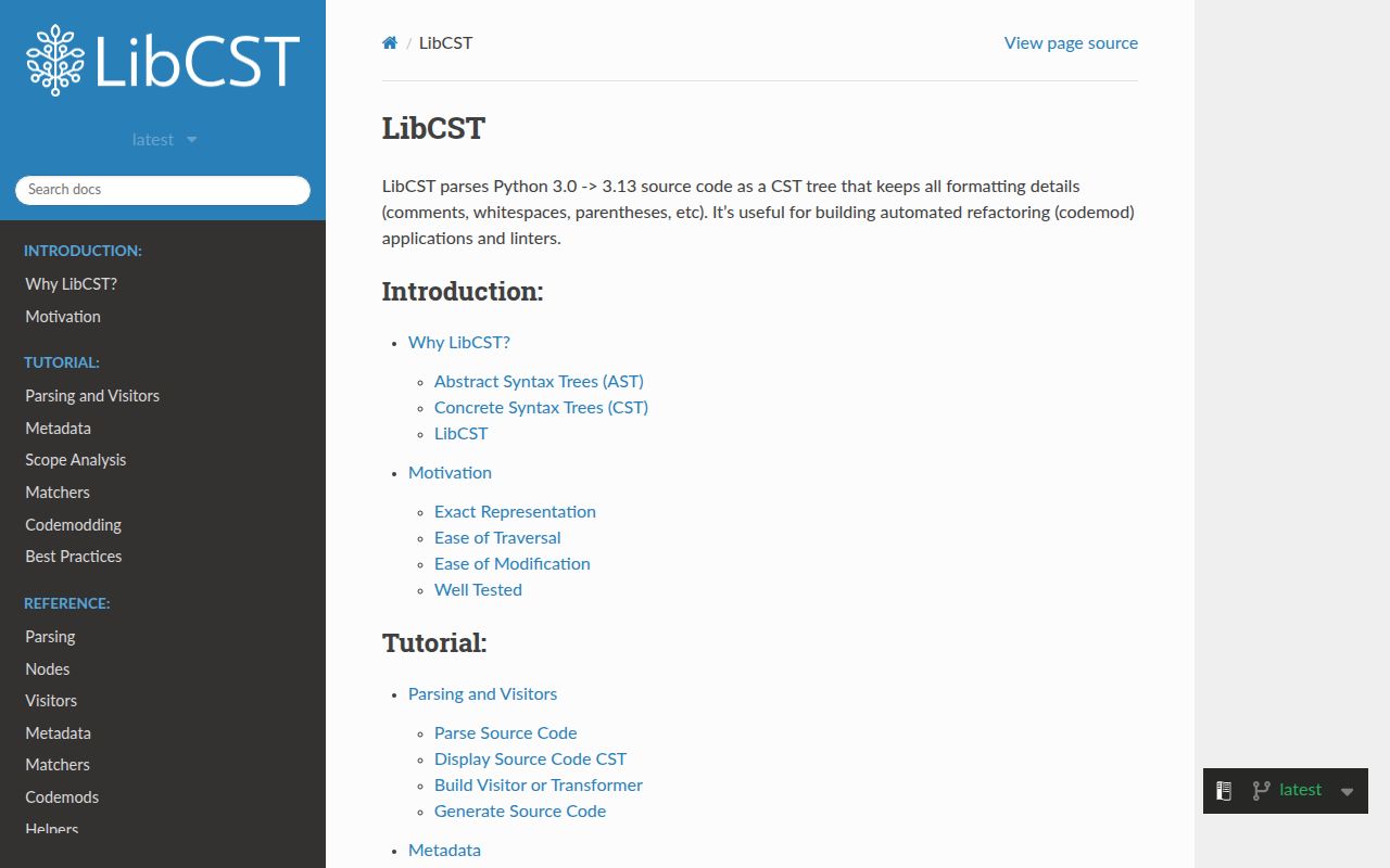 Screenshot of libcst documentation