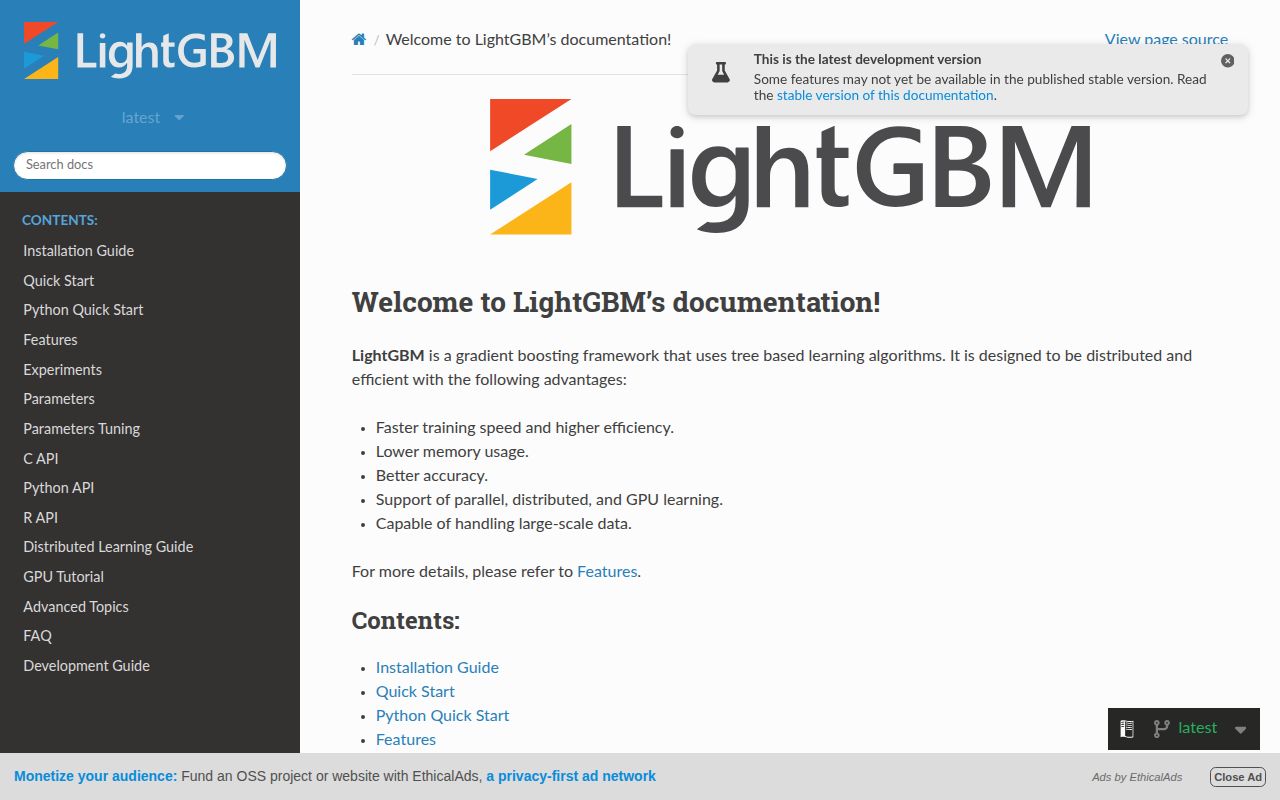 Screenshot of lightgbm documentation