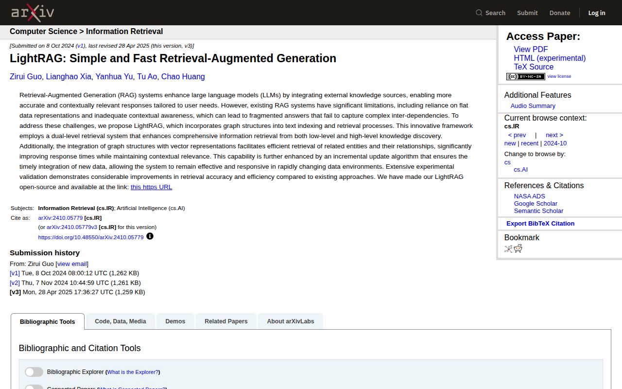Screenshot of LightRAG (arxiv.org/abs/2410.05779)