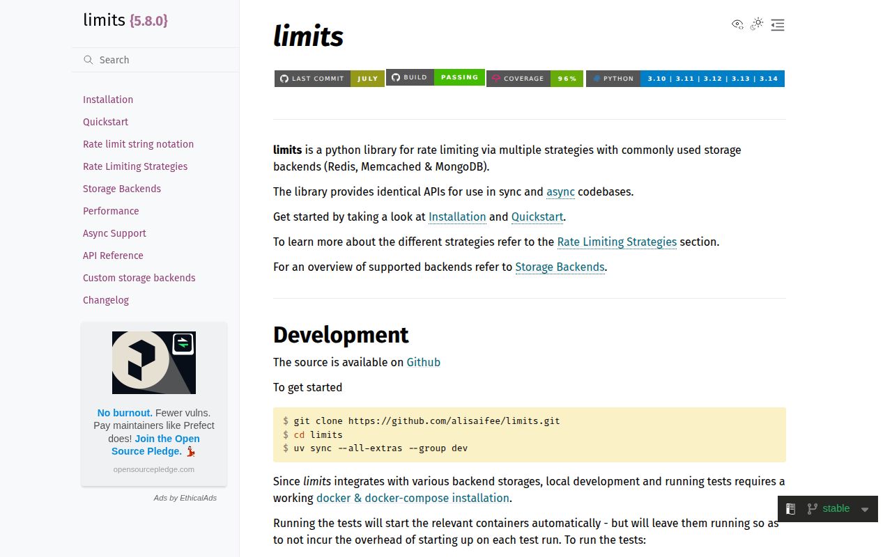 Screenshot of limits documentation