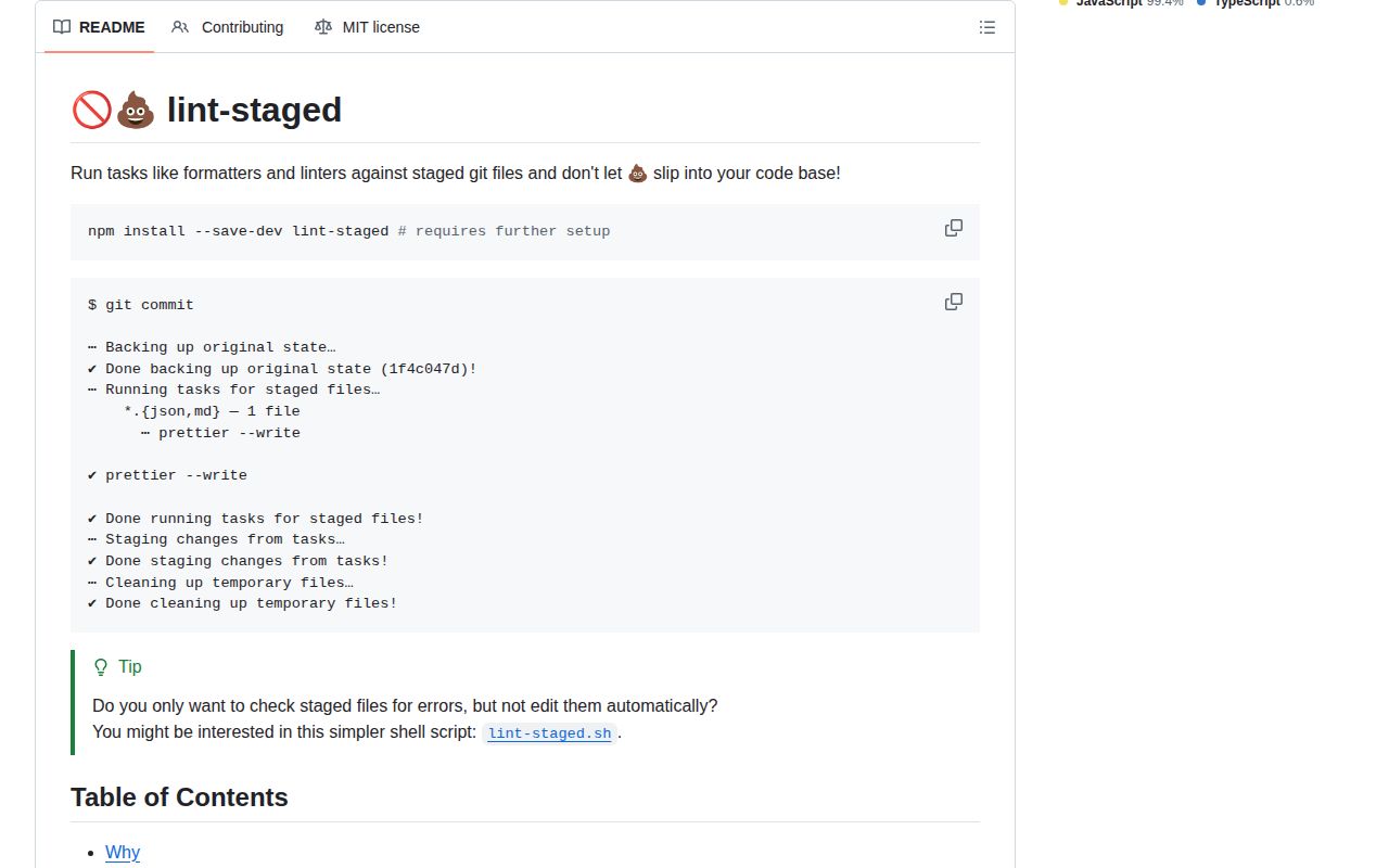 Screenshot of lint-staged documentation