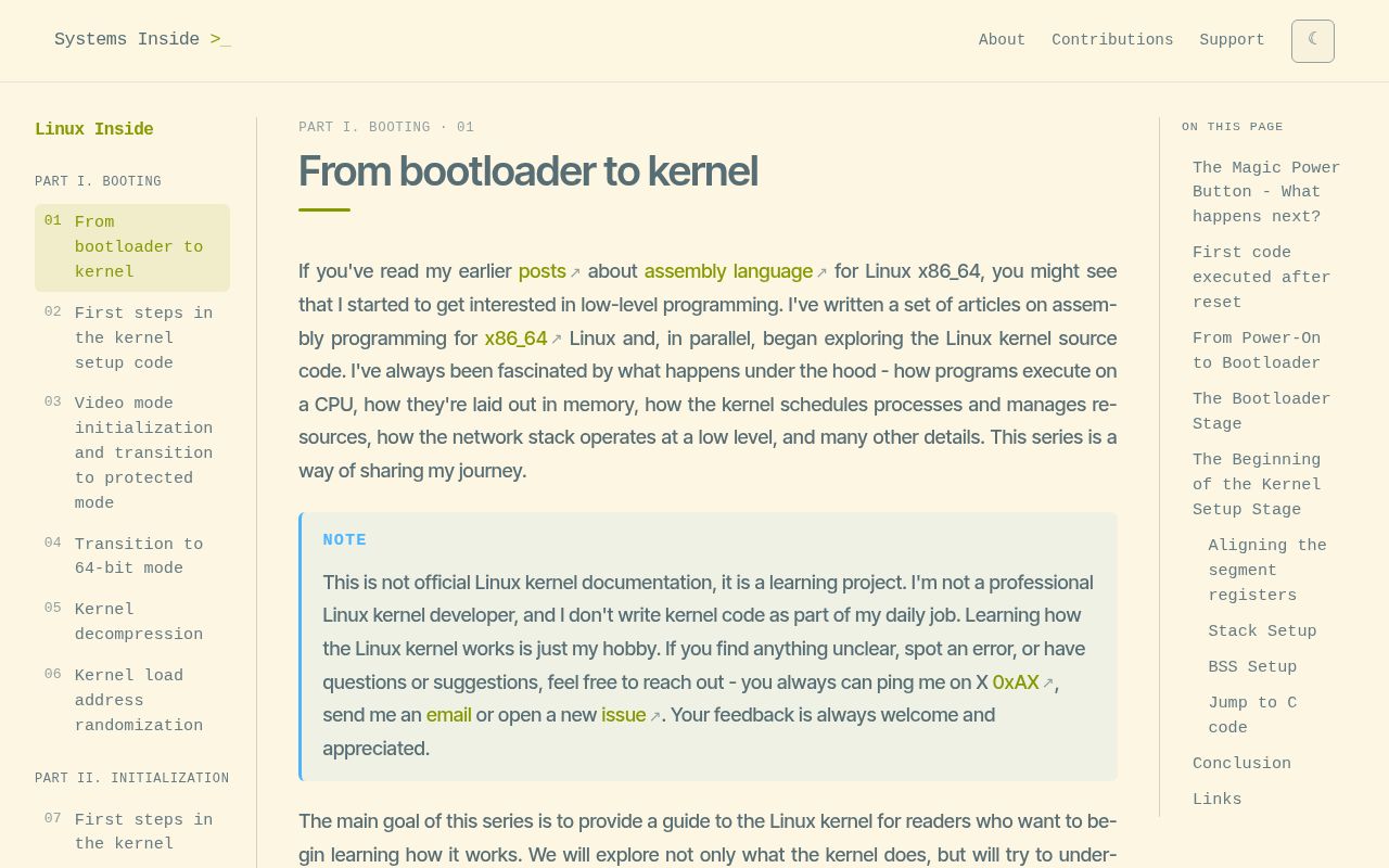 Screenshot of linux-insides (0xax.dev/books/linux-inside)