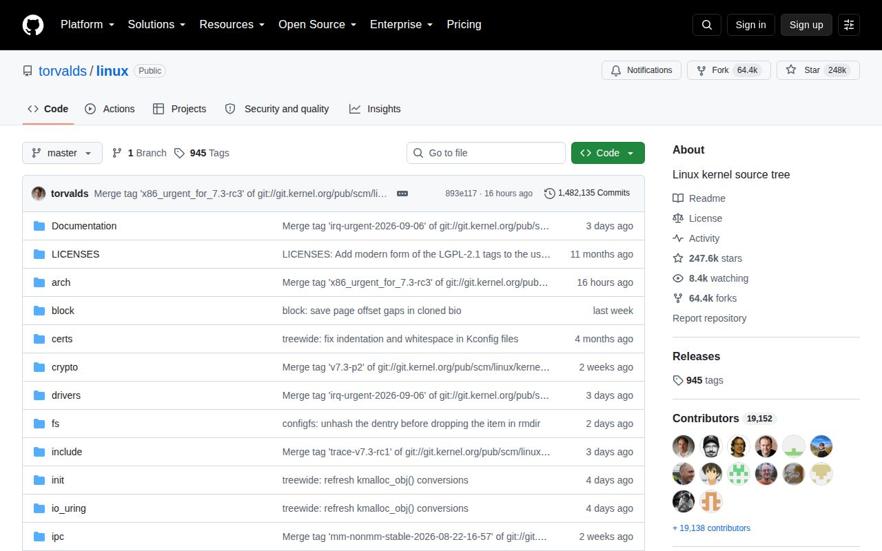 Screenshot of linux (github.com/torvalds/linux)