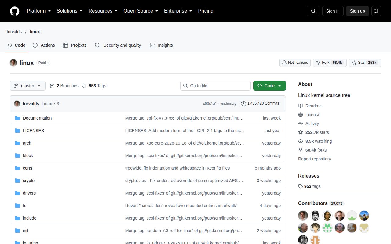 Screenshot of linux (github.com/torvalds/linux)
