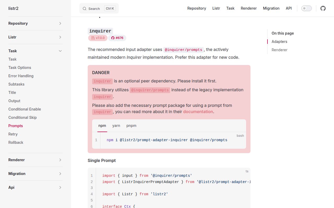 Screenshot of @listr2/prompt-adapter-inquirer documentation