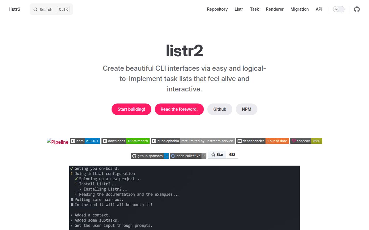 Screenshot of listr2 documentation