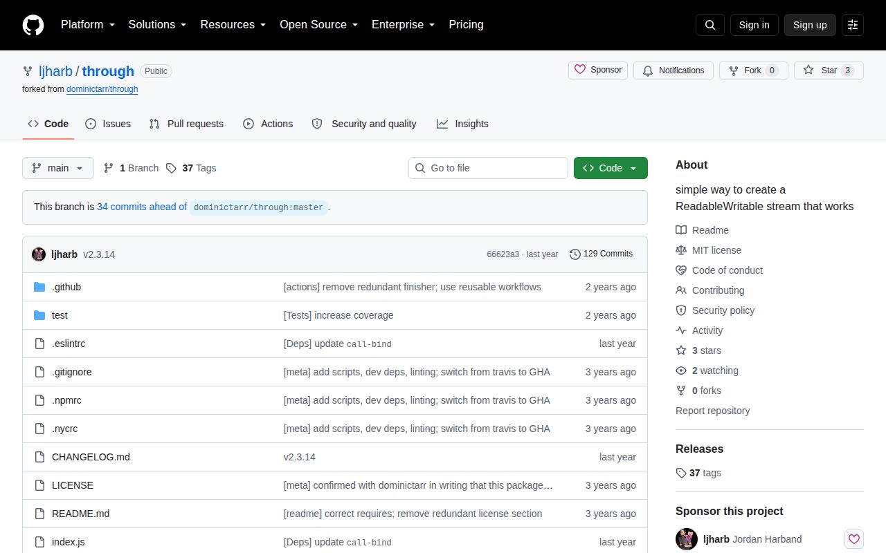 Screenshot of @ljharb/through documentation