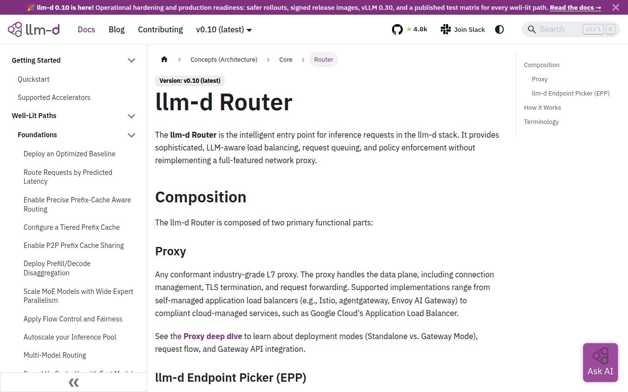Screenshot of llm-d-router (llm-d.ai/docs/architecture/core/router)