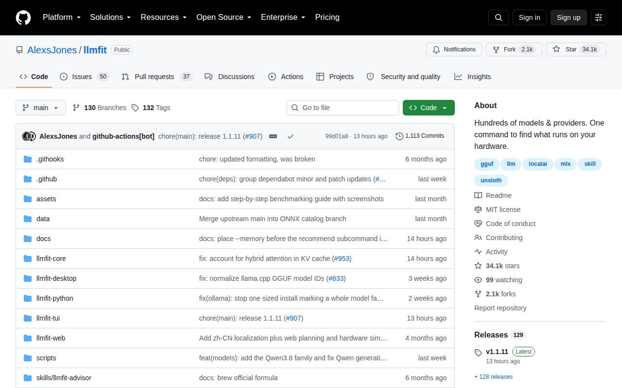 Screenshot of llmfit (github.com/AlexsJones/llmfit)