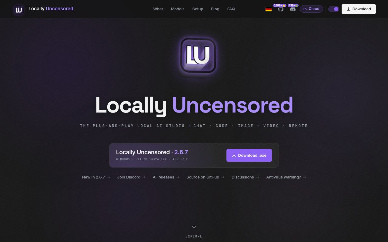 Screenshot of locally-uncensored (locallyuncensored.com)