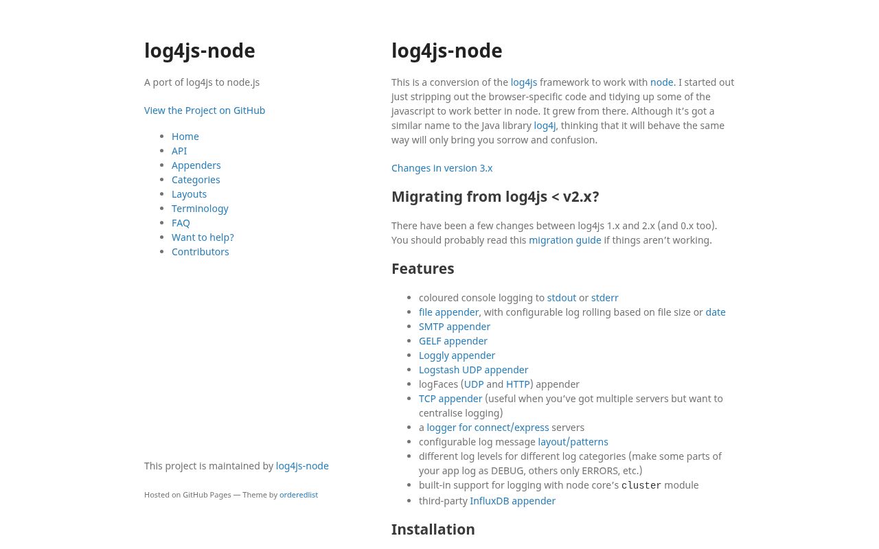 Screenshot of log4js documentation