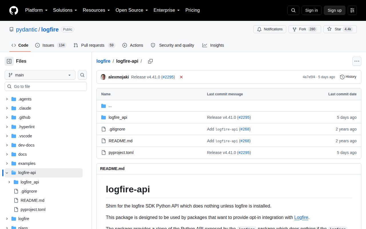 Screenshot of logfire-api documentation
