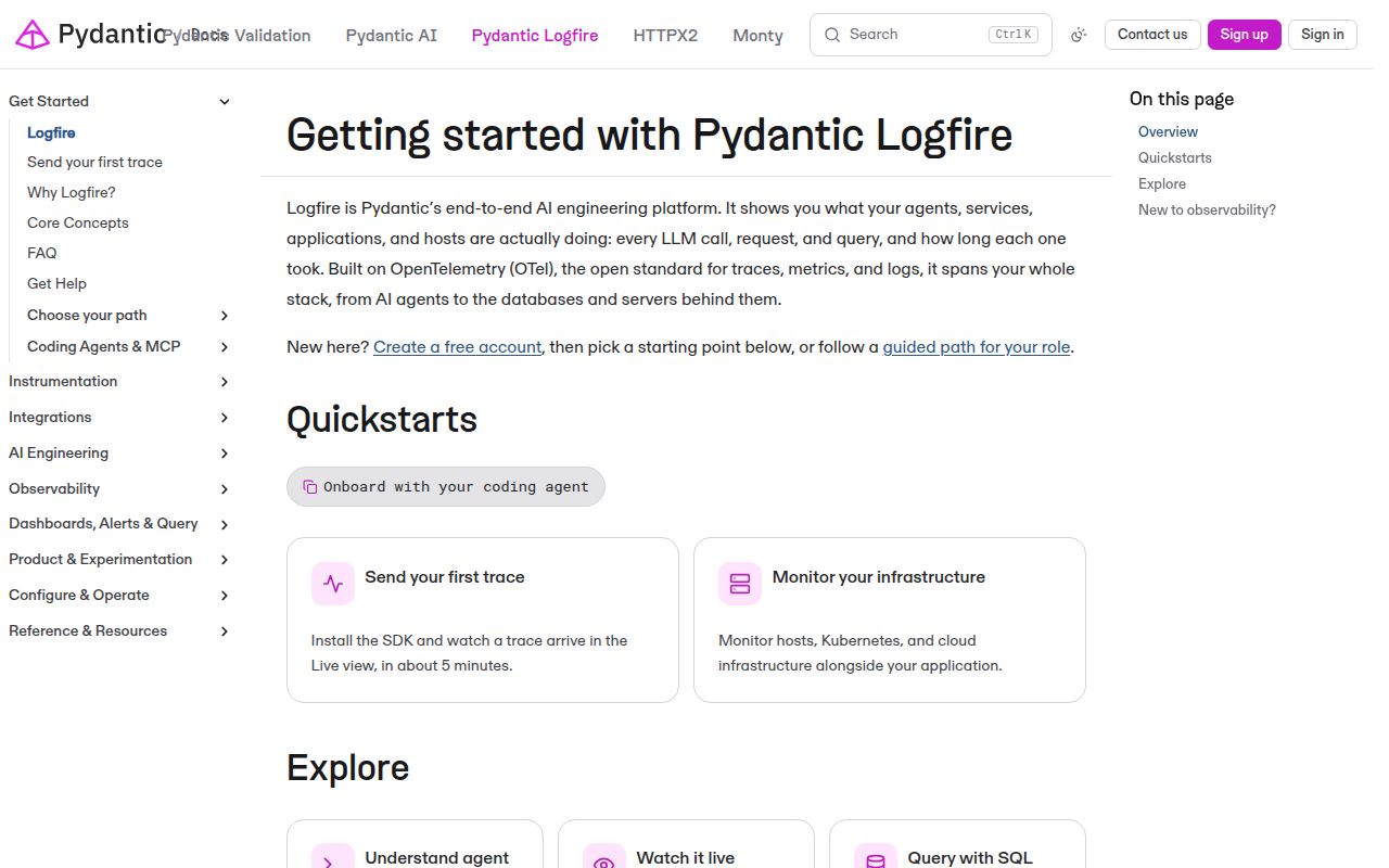 Screenshot of logfire documentation