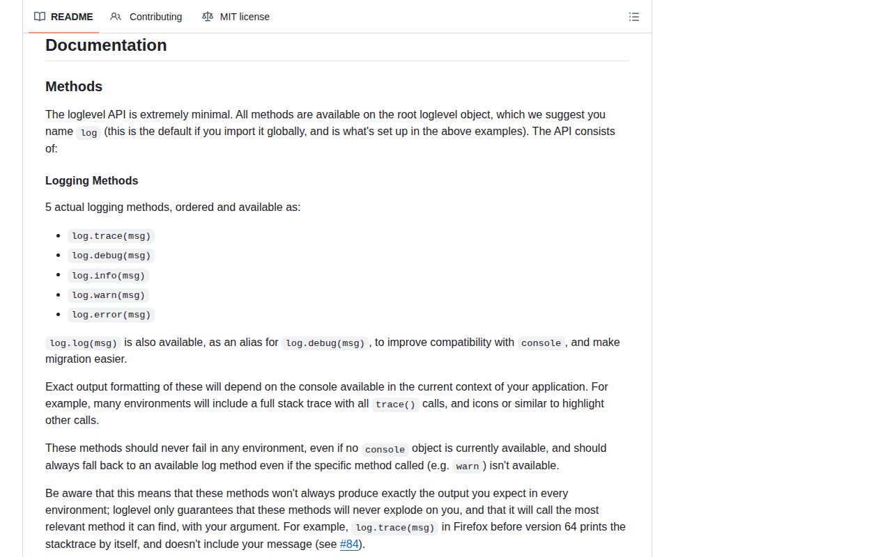 Screenshot of loglevel documentation