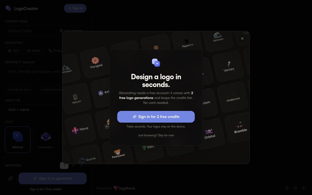 Screenshot of logocreator (www.logo-creator.io)