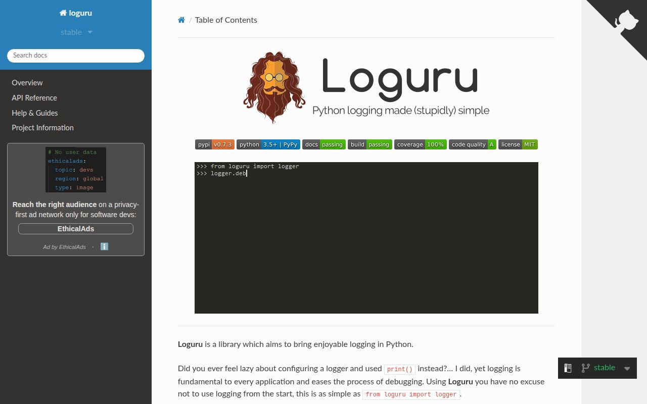 Screenshot of loguru (loguru.readthedocs.io)