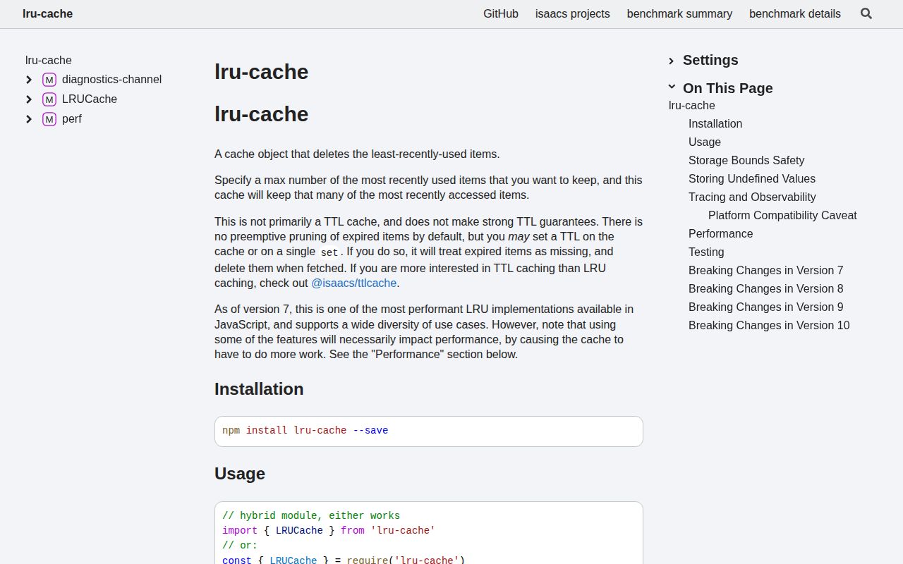 Screenshot of lru-cache documentation