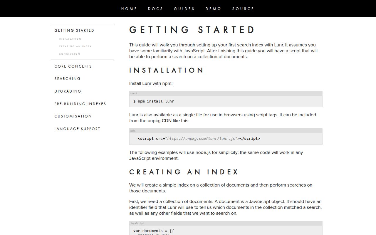 Screenshot of lunr documentation