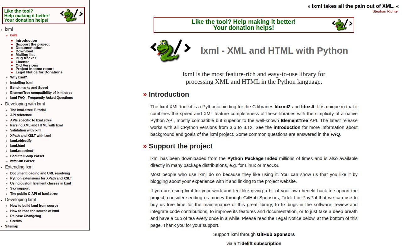 Screenshot of lxml documentation
