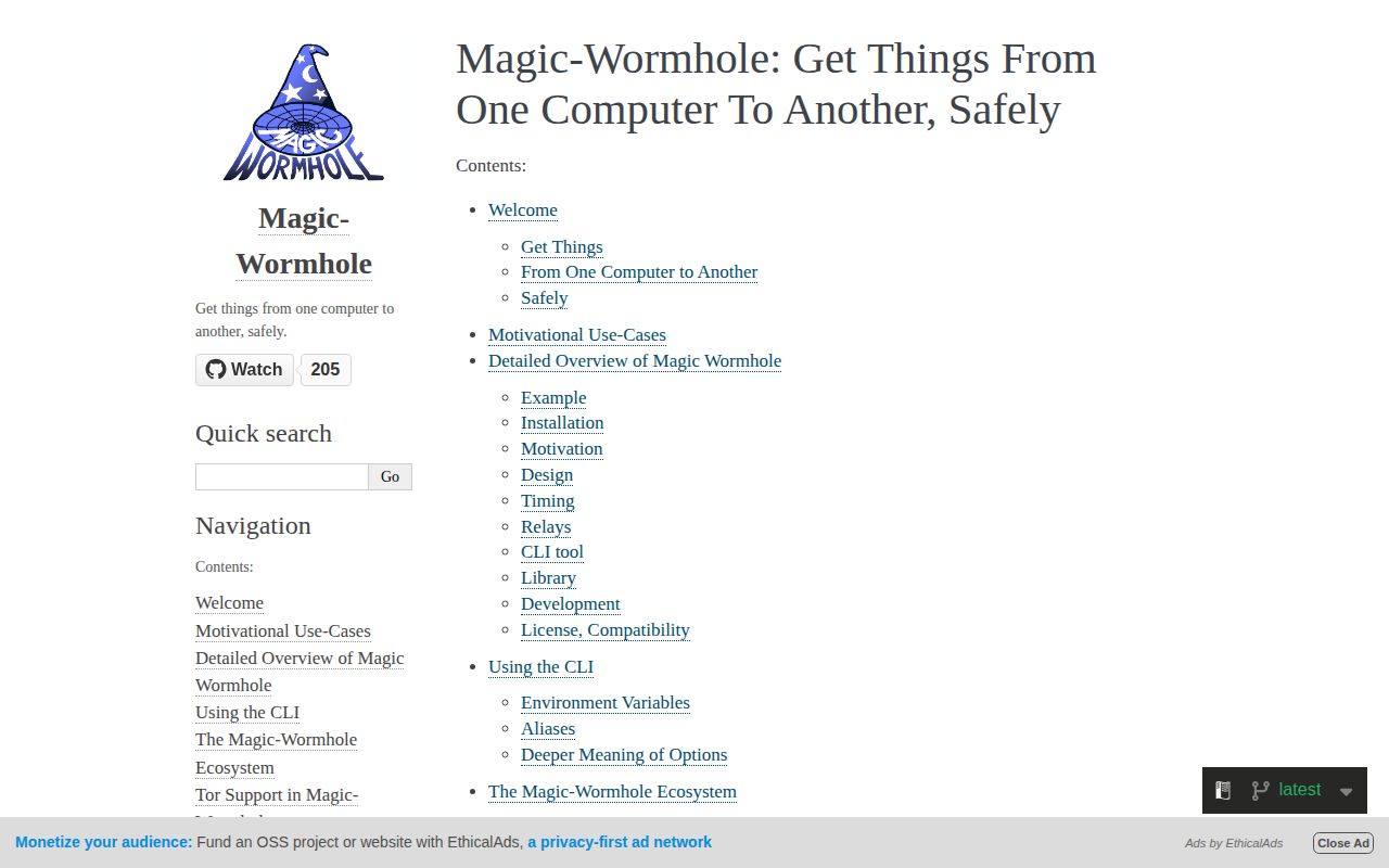 Screenshot of magic-wormhole (magic-wormhole.readthedocs.io/en/latest)