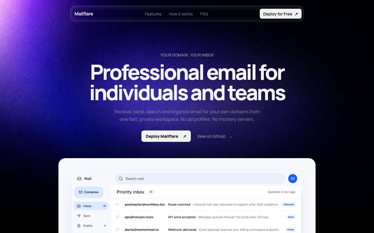 Screenshot of mailflare (mailflare.co)